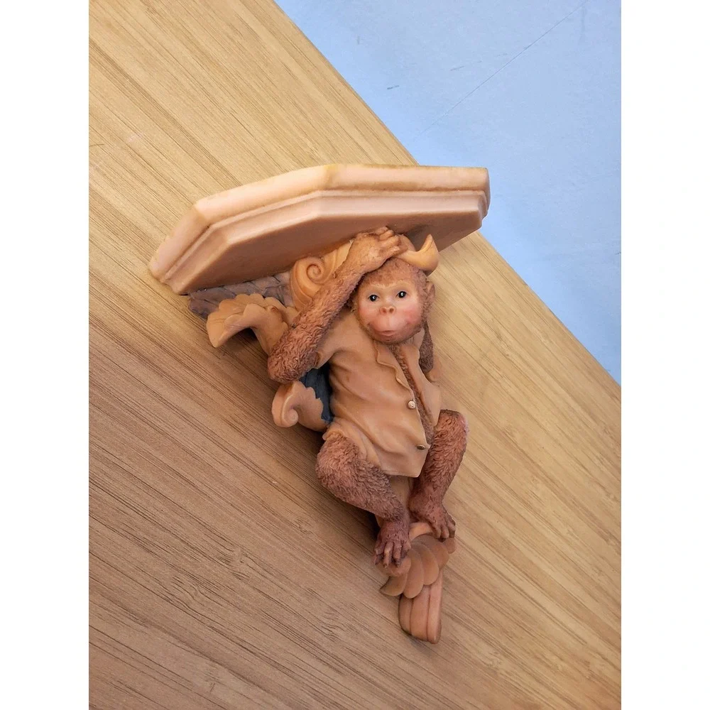 Vintage Monkey Wall Sconce Shelves Pair Safari Chinoiserie Decor Corbels 7in